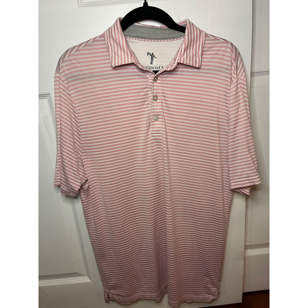 AndersonOrd Mens Pink White Striped Performance Golf Polo Shirt Size Medium